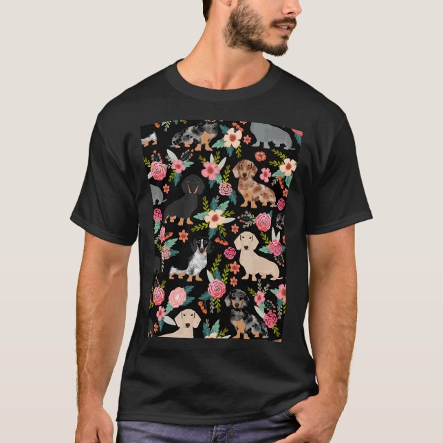 T-shirt Dachshund Chien Art Avec Fleurs (Devant)