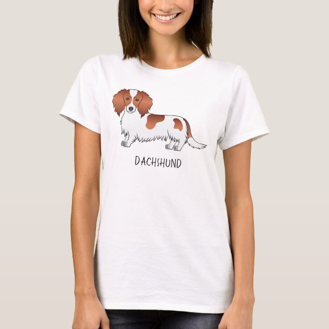 T-shirt Dachshund de bande dessinée à poil long piebalde r (Devant)