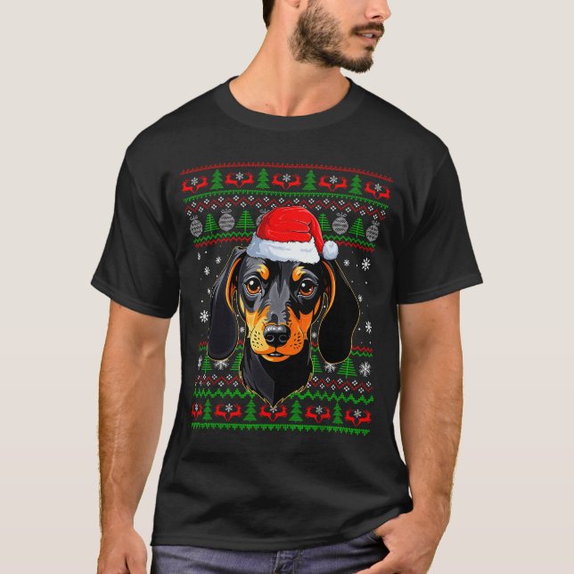 T-shirt Dachshund Dog Christmas Ugly Sweater Santa Adults  (Devant)