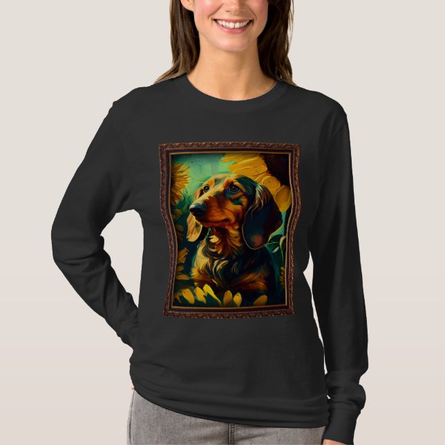 T-shirt Dachshund Doxie Weenie Painting Sunflower Flower M (Devant)