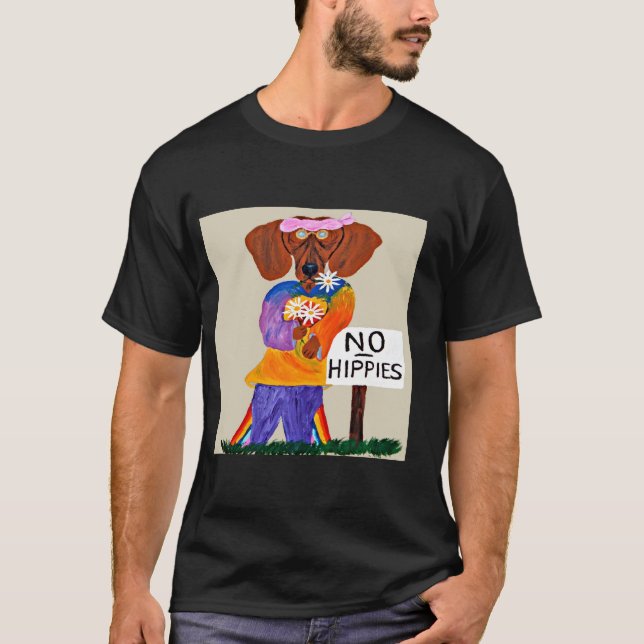 T-shirt Dachshund Hippie at No Hippies Sign (Devant)