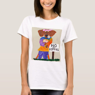 T-shirt Dachshund Hippie au panneau Pas d'Hippies
