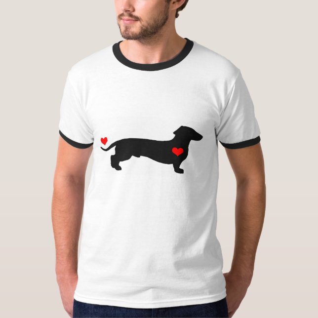 T-shirt Dachshund Love - chien mâle aux coeurs rouges (Devant)