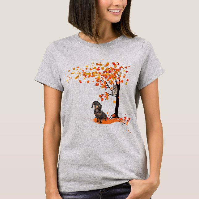 T-shirt Dachshund Owl Et Fall Tree Dachshund Lover Automne (Devant)