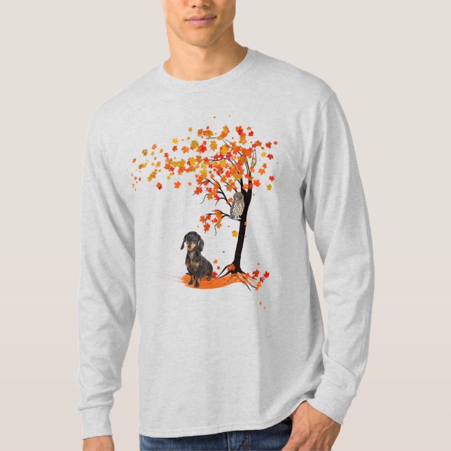 T-shirt Dachshund Owl Et Fall Tree Dachshund Lover Automne (Devant)