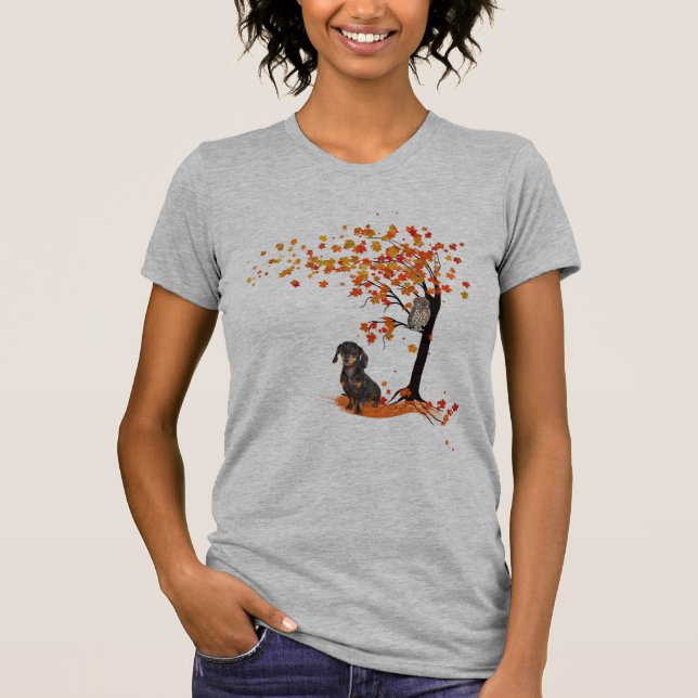 T-shirt Dachshund Owl Et Fall Tree Dachshund Lover Automne (Devant)