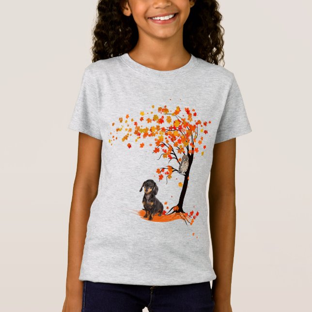 T-Shirt Dachshund Owl Et Fall Tree Dachshund Lover Automne (Devant)
