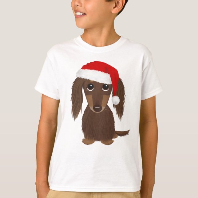 T-shirt Dachshund Père Noël - Chocolat à poil long (Devant)