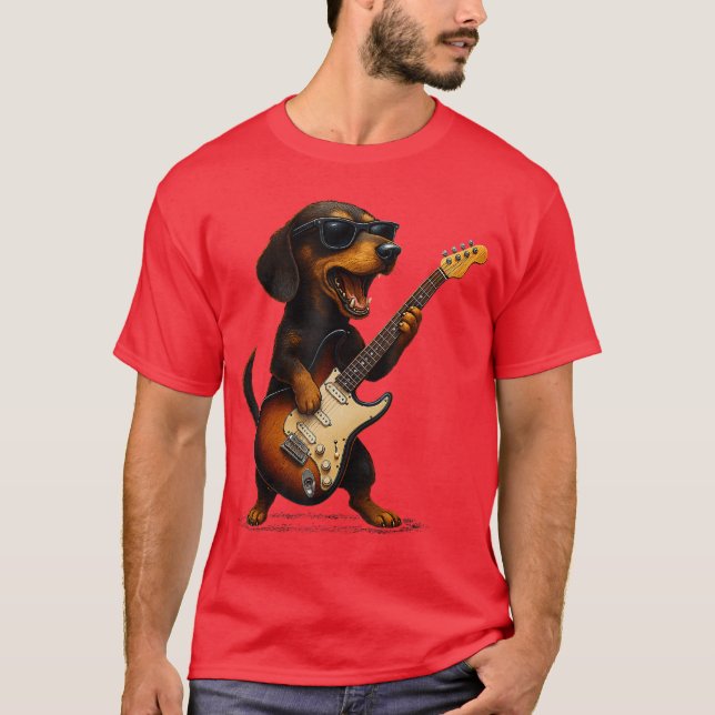 T-shirt Dachshund Playing Guitar Rock Music Dog Lover Pet  (Devant)