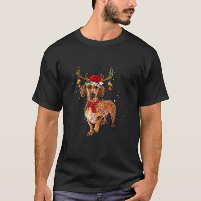 T-shirt Dachshund Reindeer lumières de Noël Xmas Chien (Devant)