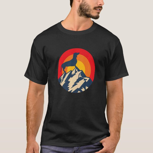 T-shirt Dachshund Retro Chien Circle Sunset Mountain Vinta (Devant)