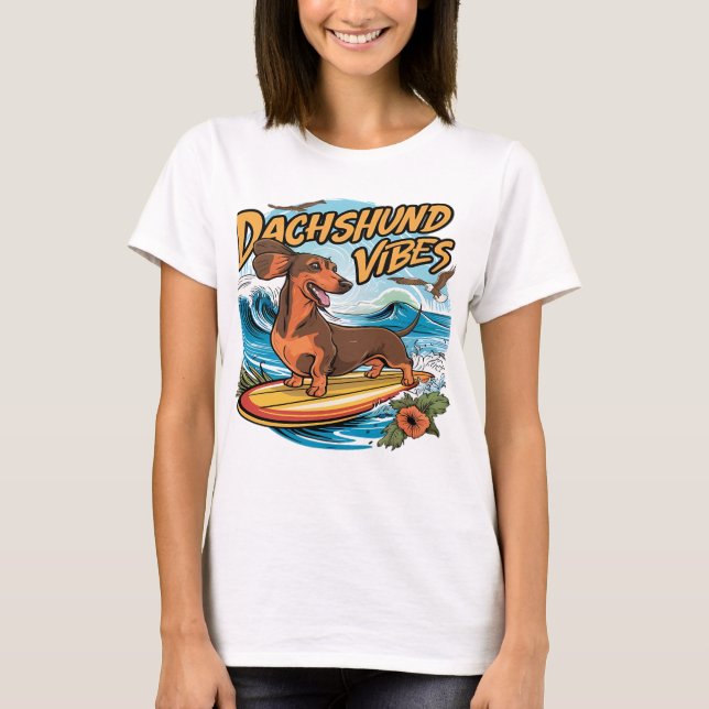 T-shirt Dachshund Riding Surf (Devant)