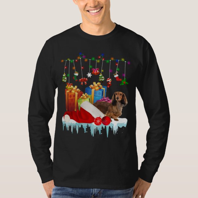 T-shirt Dachshund Santa Hat Christmas Lights  Box (Devant)