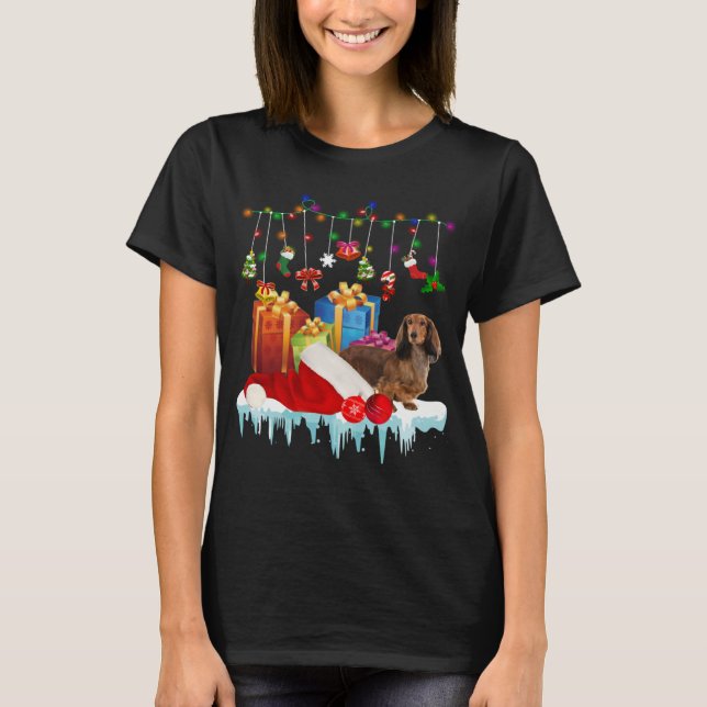 T-shirt Dachshund Santa Hat Christmas Lights  Box (Devant)