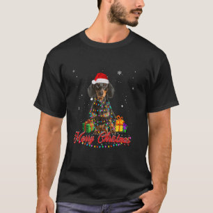 T-shirt Dachshund Santa Hat Joyeux sapin de Noël Lumières