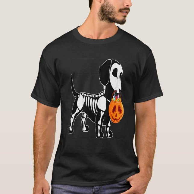 T-shirt Dachshund Skeleton Jack-o'-lantern Halloween (Devant)