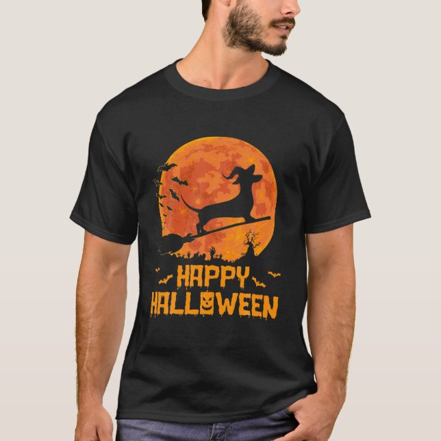 T-shirt Dachshund Sorcière Citrouille Halloween Costume (Devant)