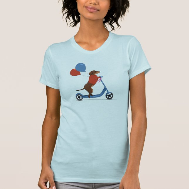 T-shirt Dachshund sur scooter avec ballons  (Devant)