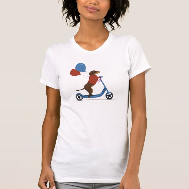 T-shirt Dachshund sur scooter avec ballons  (Devant)