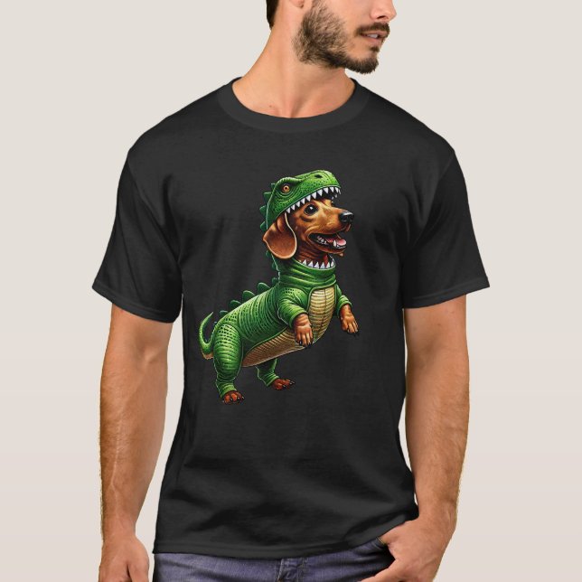 T-shirt Dachshund Wearing Dinosaur Outfit Funny Dog Lover (Devant)