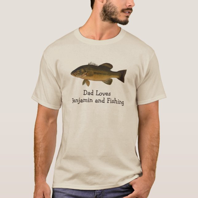 T-shirt Dad Loves Child's Name and Fishing Fish Bass (Devant)