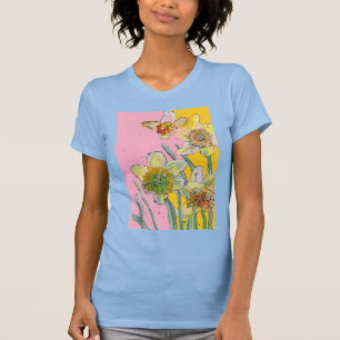 T-shirt Daffodil Fleurs Bleues Jaunes Aquarelle