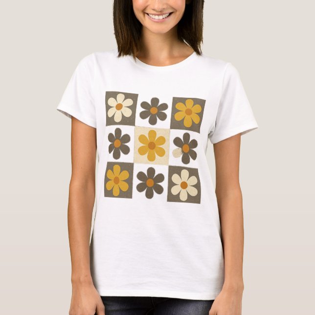 T-shirt Daisy Flower Checkered png｜Taupe design｜Checkerboa (Devant)