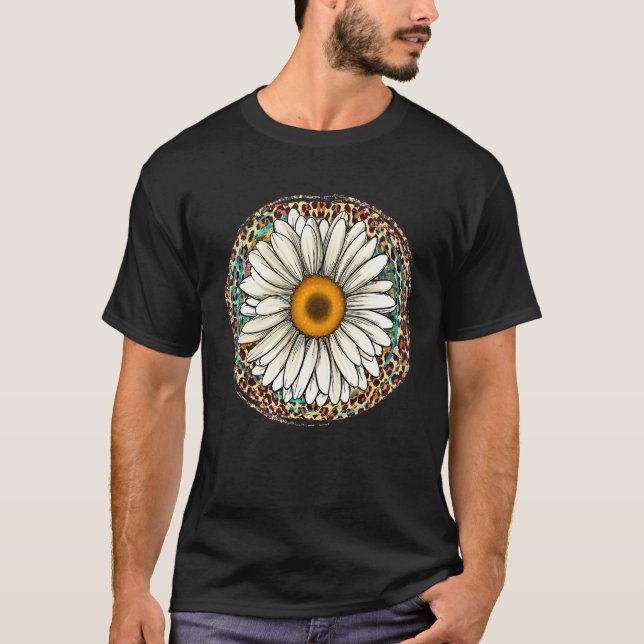 T-shirt Daisy Leopard Flower Western Southern Hippy Boho G (Devant)