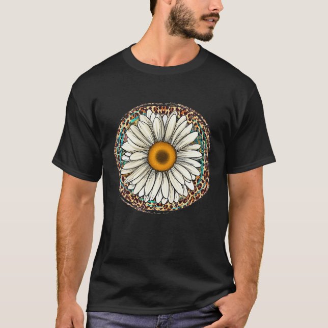 T-shirt Daisy Leopard Flower Western Southern Hippy Boho G (Devant)