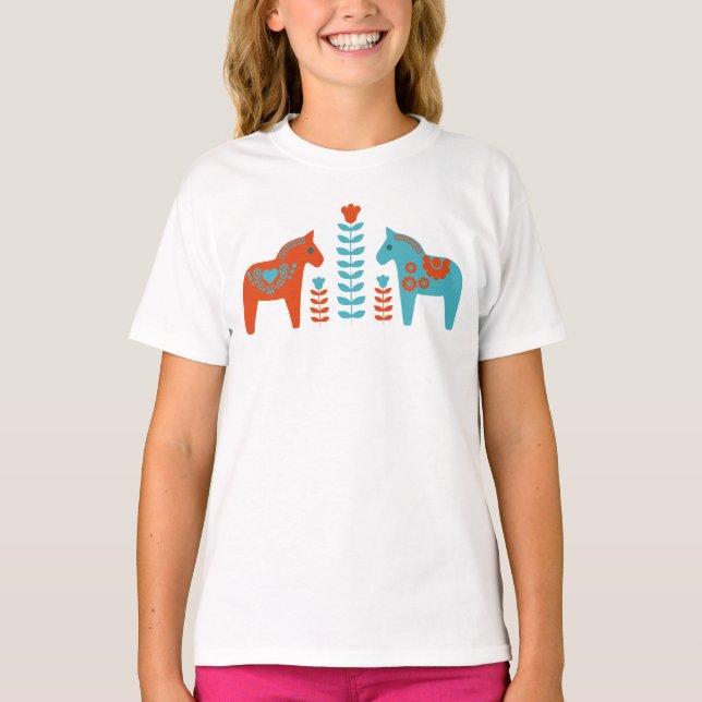T-shirt Dala d'art populaire scandinave Chevaux et fleurs (Devant)