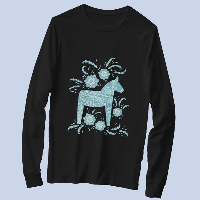 T-shirt Dala suédois Cheval Turquoise Vert Viking (Swedish Dala Horse long sleeved t-shirt)