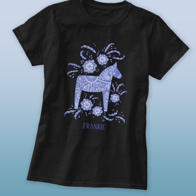 T-shirt Dala Suédoise Cheval Folk Art Bleu Nom Personnalis (Créateur téléchargé)