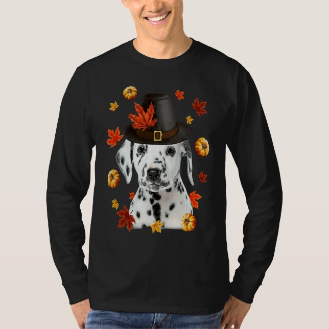 T-shirt Dalmatian Dog Pilgrim Hat Fall Happy Thanksgiving (Devant)