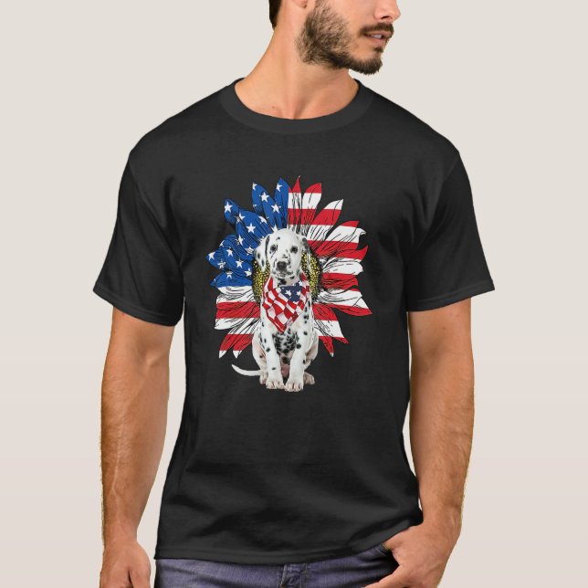 T-shirt Dalmatian Patriot American Flag Sunflower Independ (Devant)