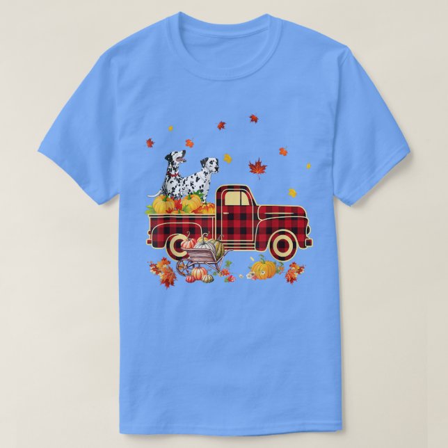 T-shirt Dalmatian Riding Truck Pumpkin Autumn Leaves Fall  (Design devant)