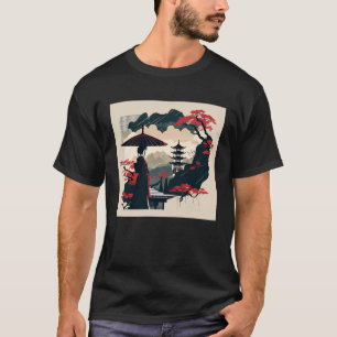 T-shirt Dame avec parapluie rouge bonsaï arbre pagode japo