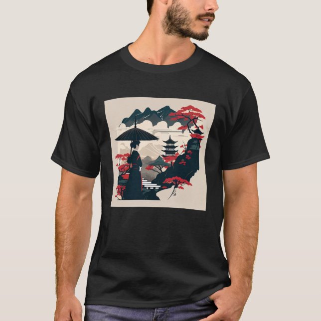 T-shirt Dame classique japonaise avec parapluie regardant  (Devant)