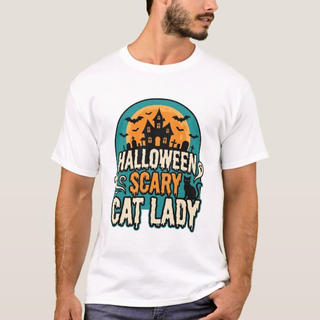 T-shirt Dame de chat d'Halloween effrayante maison hantée  (Devant)