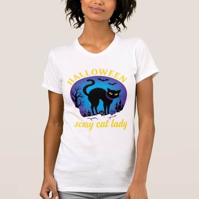 T-shirt Dame de chat effrayante Halloween Chat noir (Devant)