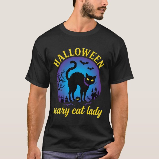 T-shirt Dame de chat effrayante Halloween Chat noir (Devant)