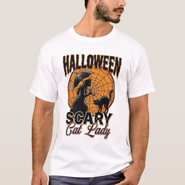 T-shirt Dame de chat effrayante Halloween Sorcière Web Vin (Devant)