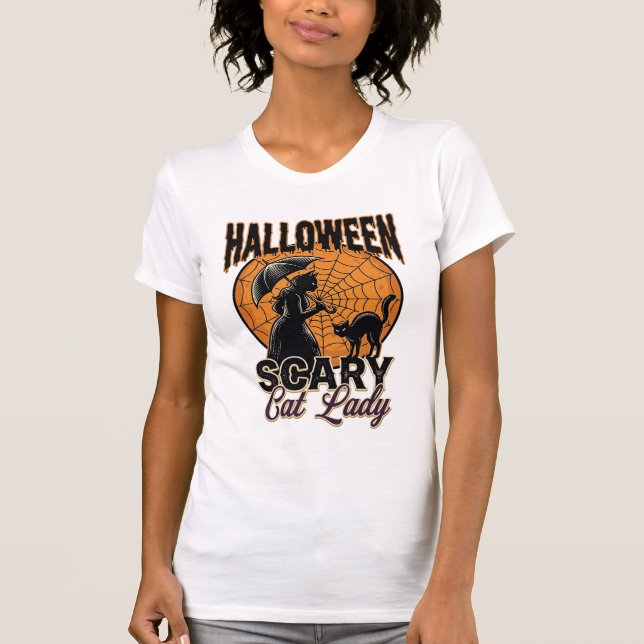 T-shirt Dame de chat effrayante Halloween Sorcière Web Vin (Devant)