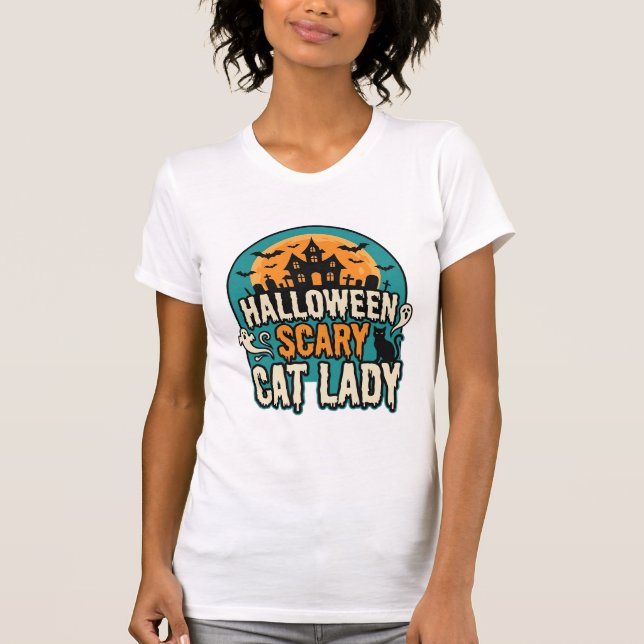 T-shirt Dame de chat Halloween Épouvantable Maison hantée  (Devant)