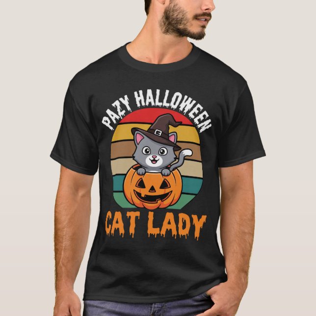 T-shirt Dame de chat Halloween Sorcière Citrouille Design  (Devant)