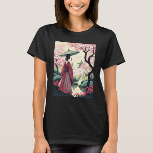 T-shirt Dame japonaise avec parapluie Pagode cerisier en f