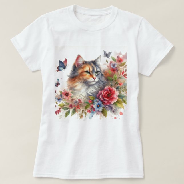 T-shirt Dames de chat calicot aquarelle  (Design devant)