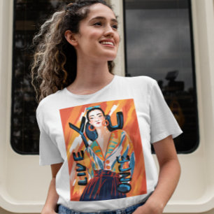T-shirt Dames Vous Vivez Une Fois Orange Bleu Imprimé Grap