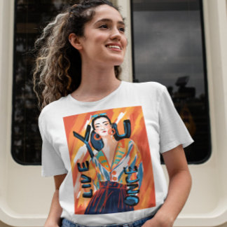 T-shirt Dames Vous Vivez Une Fois Orange Bleu Imprimé Grap