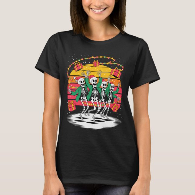 T-shirt Dancing Skeletons With Santa Hats Christmas Lights (Devant)