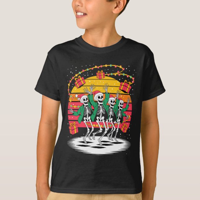T-shirt Dancing Skeletons With Santa Hats Christmas Lights (Devant)